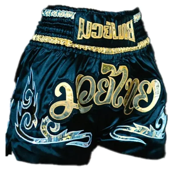 short de boxe thaï de couleurs or et noir en matière synthétique