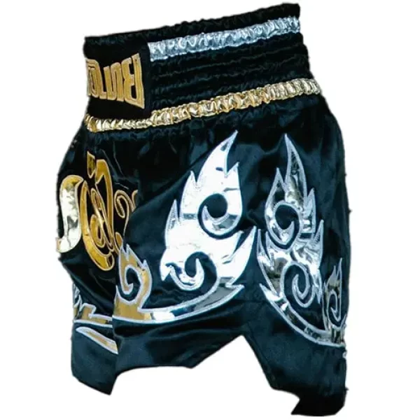 short de boxe thaï de couleurs or et noir en matière synthétique